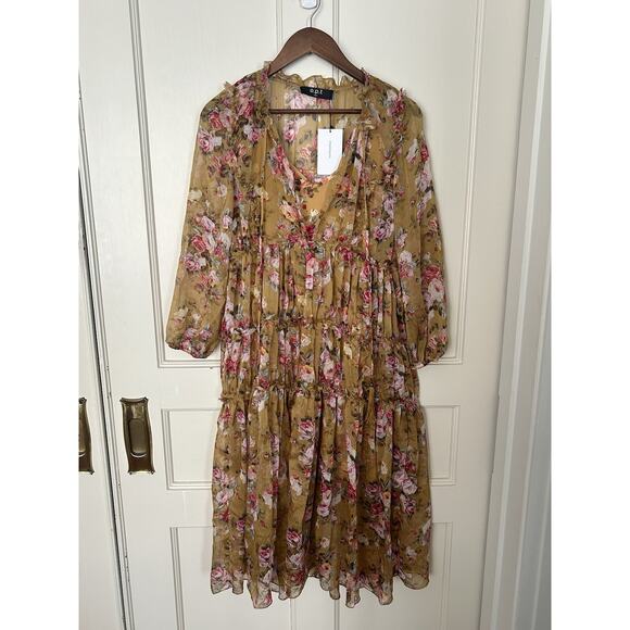 O.P.T. Floral Felicity Peasant Midi Dress Womens Size Medium Yellow Pink NWT - Picture 3 of 10